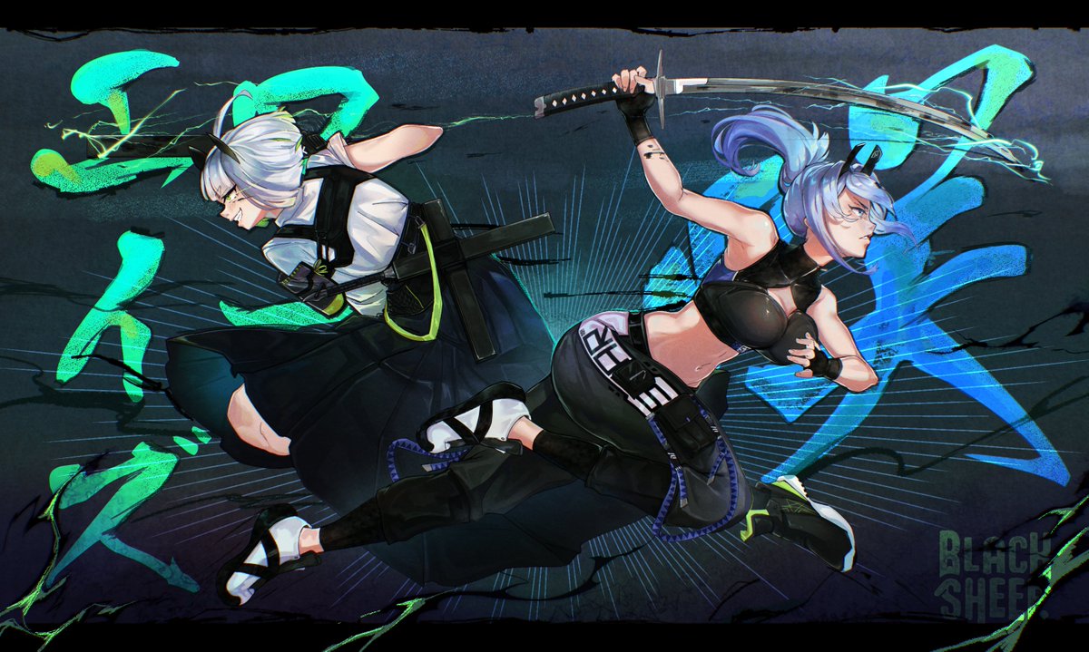2girls, archaic_japanese_text, blacksheepdraws, blue_background, blue_eyes, blue_hair, commentary, eloise_(the_atko)