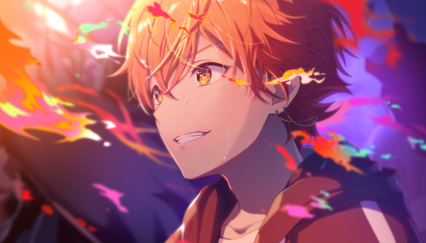 1boy, aim_higher_and_higher!_(project_sekai), blonde_hair, blurry, collarbone, colorful_palette, depth_of_field, game_cg
