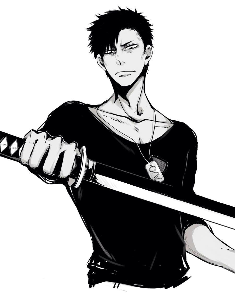1boy, black_hair, black_shirt, collarbone, commentary_request, dog_tags, facing_viewer, ftpanda