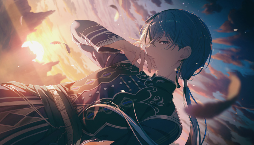 1boy, aim_higher_and_higher!_(project_sekai), alternate_hair_length_(longer), aoyagi_touya, black_shirt, blue_hair, blurry, clouds
