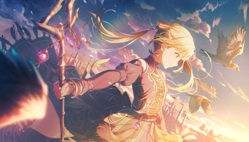1girl, aim_higher_and_higher!_(project_sekai), azusawa_kohane, bird, black_dress, black_sleeves, blurry, closed_mouth