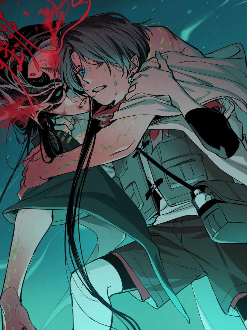 1boy, 1girl, black_hair, child, cowboy_shot, from_below, highres, lichen_(path_to_nowhere), life_vest, path_to_nowhere, qndlrnrwkd, running, short_hair, shorts, sweat