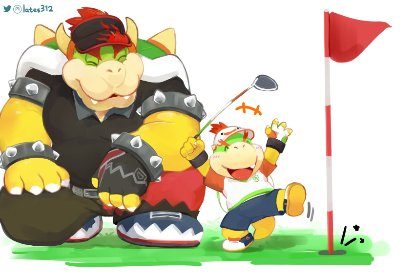 +++, 2boys, armlet, artist_name, black_pants, black_shirt, black_shorts, bowser, bowser_jr., bracelet, closed_eyes, collar, english_commentary, fangs, father_and_child, father_and_son, flag, furry, furry_male, golf_club, highres, holding, holding_golf_club, instagram_logo, jewelry, lates312, male_focus, mario_golf, mario_golf:_super_rush, multiple_boys, open_mouth, pants, parent_and_child, shirt, shorts, smile, spiked_armlet, spiked_bracelet, spiked_collar, spiked_shell, spikes, super_mario_bros., twitter_logo, twitter_username, white_background, white_shirt