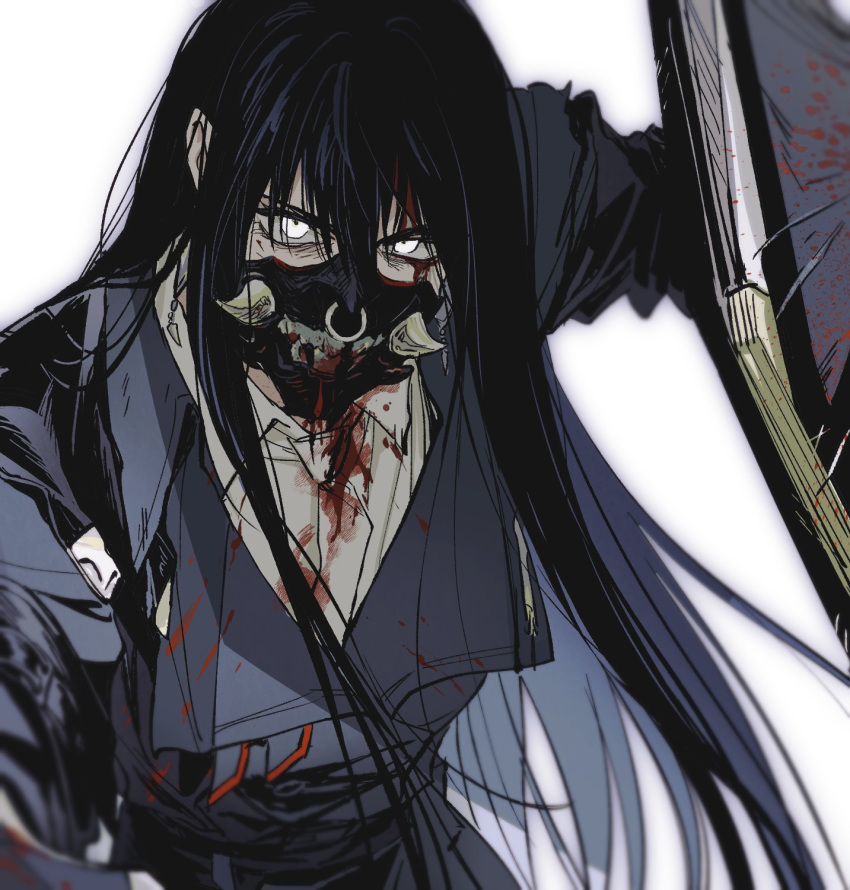 1girl, arm_up, black_hair, blood, commentary_request, glaring, highres, holding, holding_shield, korean_commentary, looking_at_viewer, mask, path_to_nowhere, qndlrnrwkd, rahu_(path_to_nowhere), shield, solo, upper_body, white_background