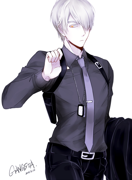 1boy, arm_up, black_pants, commentary_request, copyright_name, dated, delico_(gangsta), dog_tags
