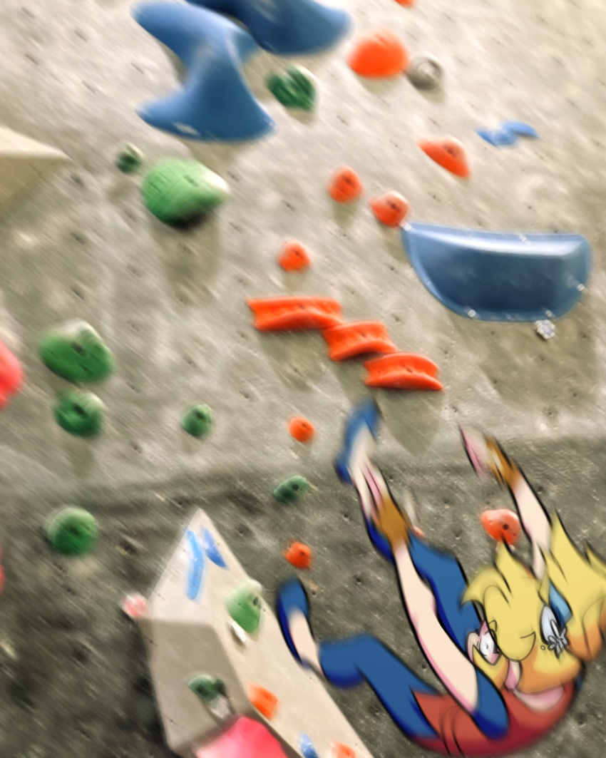 1girl, blonde_hair, blue_pants, blurry, bouldering, cadence_(necrodancer), commentary, crypt_of_the_necrodancer