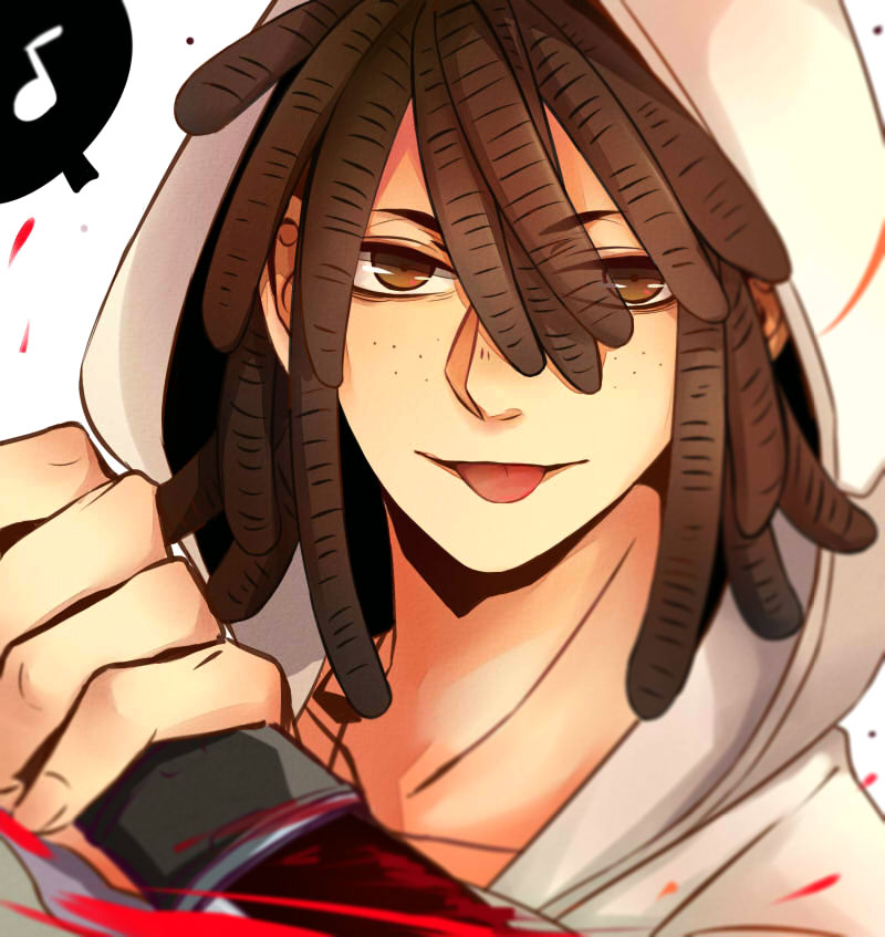 1boy, blood, blood_on_knife, blood_on_weapon, blood_splatter, brown_eyes, brown_hair, close-up, colored_speech_bubble, doug_(gangsta), dreadlocks, ftpanda, gangsta, hair_between_eyes, holding, holding_knife, hood, hood_up, hoodie, knife, male_focus, musical_note, speech_bubble, spoken_musical_note, teasing, tongue, tongue_out, weapon, white_background, white_hoodie
