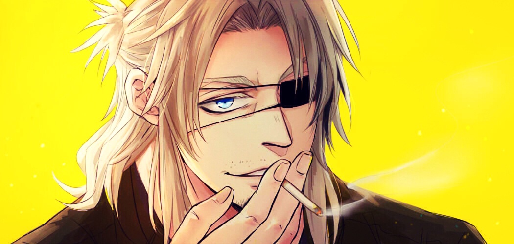 1boy, beard_stubble, black_shirt, blonde_hair, blue_eyes, cigarette, close-up, commentary_request