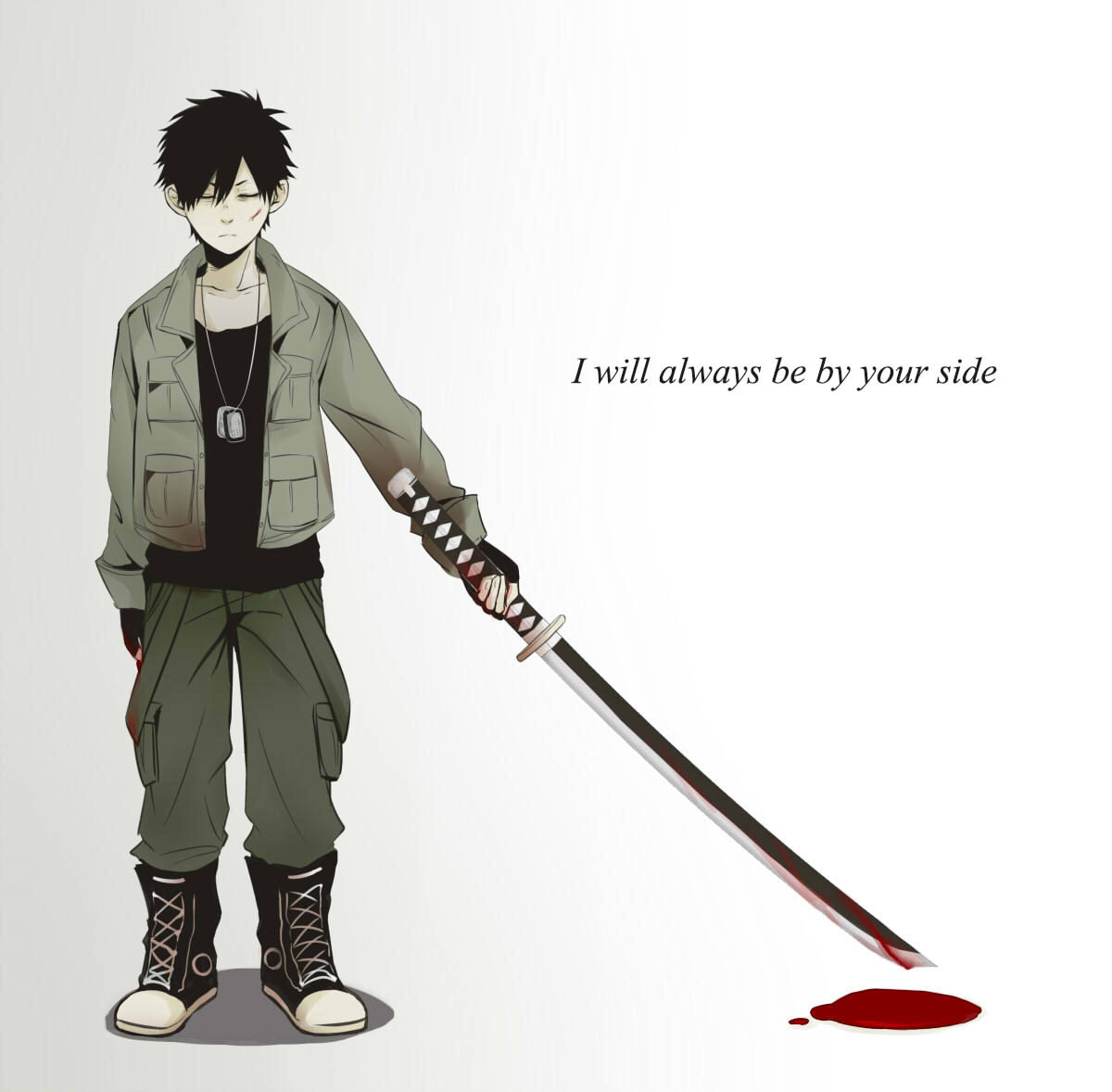 1boy, aged_down, black_boots, black_gloves, black_hair, black_shirt, blood, blood_on_clothes