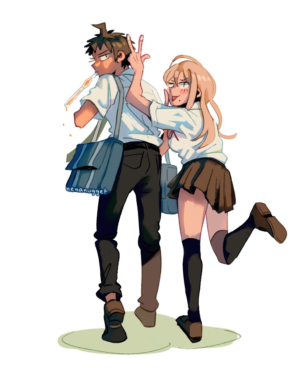1boy, 1girl, ahoge, backpack, bag, black_suit, blonde_hair, brown_hair