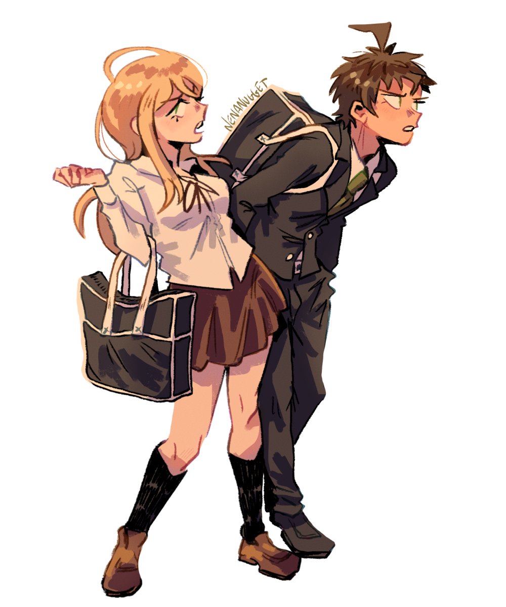 1boy, 1girl, ahoge, backpack, bag, black_suit, blonde_hair, brown_hair