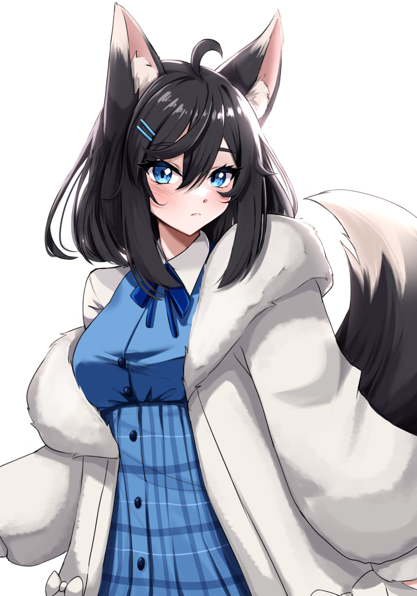 1girl, absurdres, alternate_costume, animal_ear_fluff, animal_ears, black_hair, blue_dress, blue_eyes