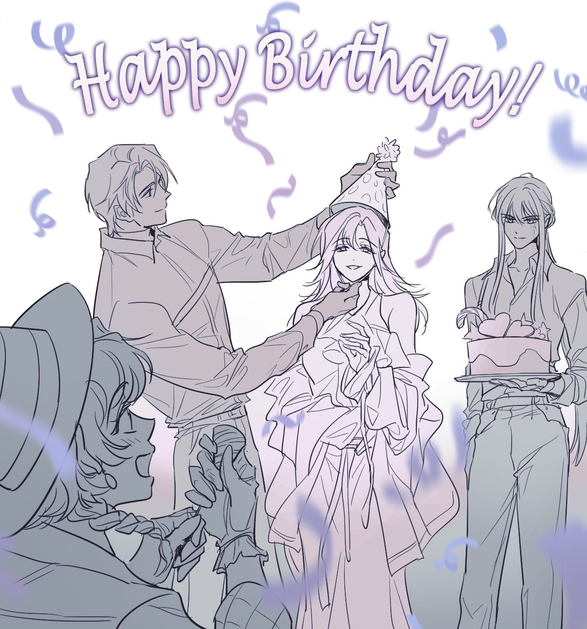 1boy, 3girls, arm_up, birthday_cake, cake, celebration, chief_(path_to_nowhere), christina_(path_to_nowhere)