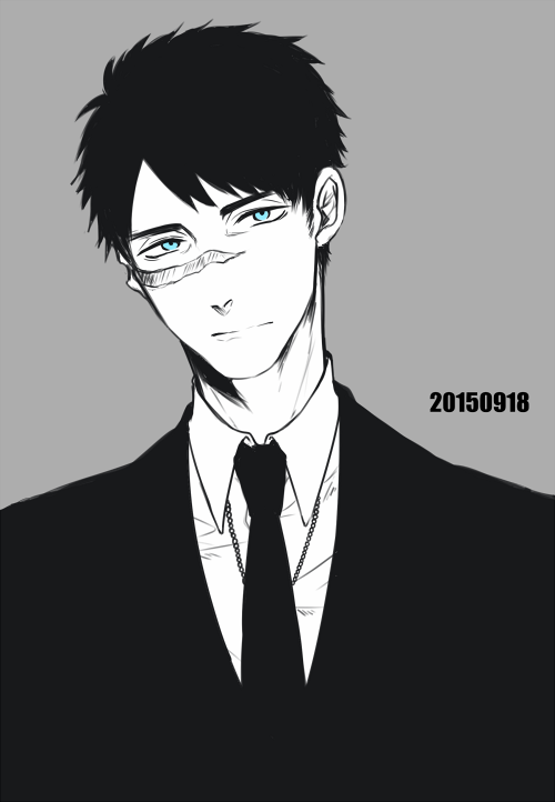 1boy, black_hair, black_necktie, blazer, blue_eyes, commentary_request, dated, dog_tags, dress_shirt, expressionless, facing_viewer, gangsta, grey_background, jacket, looking_to_the_side, male_focus, marco_adriano, monochrome, necktie, scar, scar_on_cheek, scar_on_ear, scar_on_face, shirt, spot_color, suit, takuyasaeki, upper_body, white_shirt