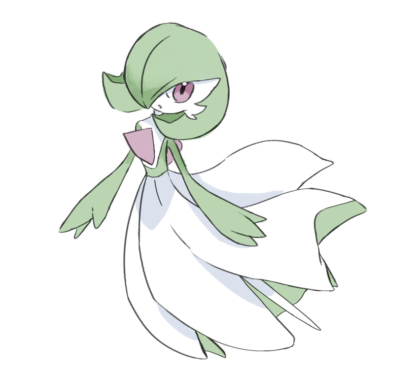 1other, bob_cut, colored_skin, commentary_request, dress, gardevoir, green_hair, green_skin, hair_over_one_eye, highres, looking_at_viewer, multicolored_skin, pink_eyes, pokemon, pokemon_(creature), runa_700, simple_background, two-tone_skin, white_background, white_dress, white_skin
