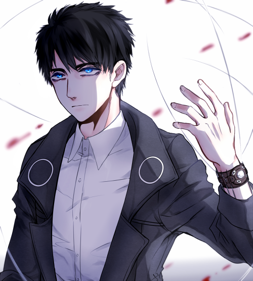 1boy, bags_under_eyes, black_hair, blood, blood_splatter, blue_eyes, blurry, blurry_background