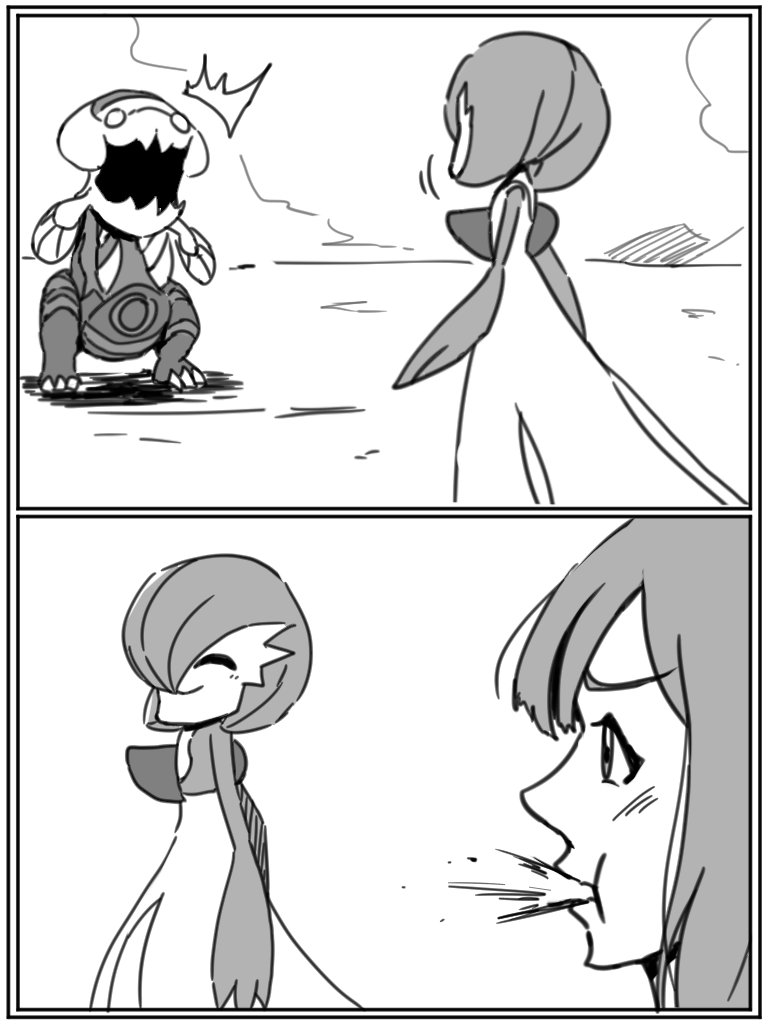 1other, 2girls, blank_eyes, bob_cut, closed_eyes, colored_skin, commentary_request, dracovish