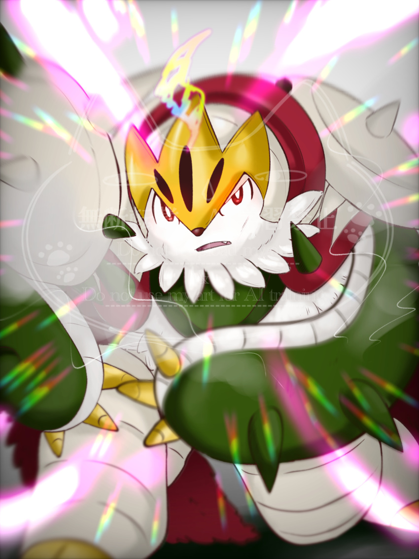 1other, chesnaught, claws, commentary_request, fang, highres, looking_at_viewer, mega_chesnaught, mega_evolution, mega_evolution_symbol, mega_pokemon, no_humans, open_mouth, pokemon, pokemon_(creature), tail, tukumono_my99
