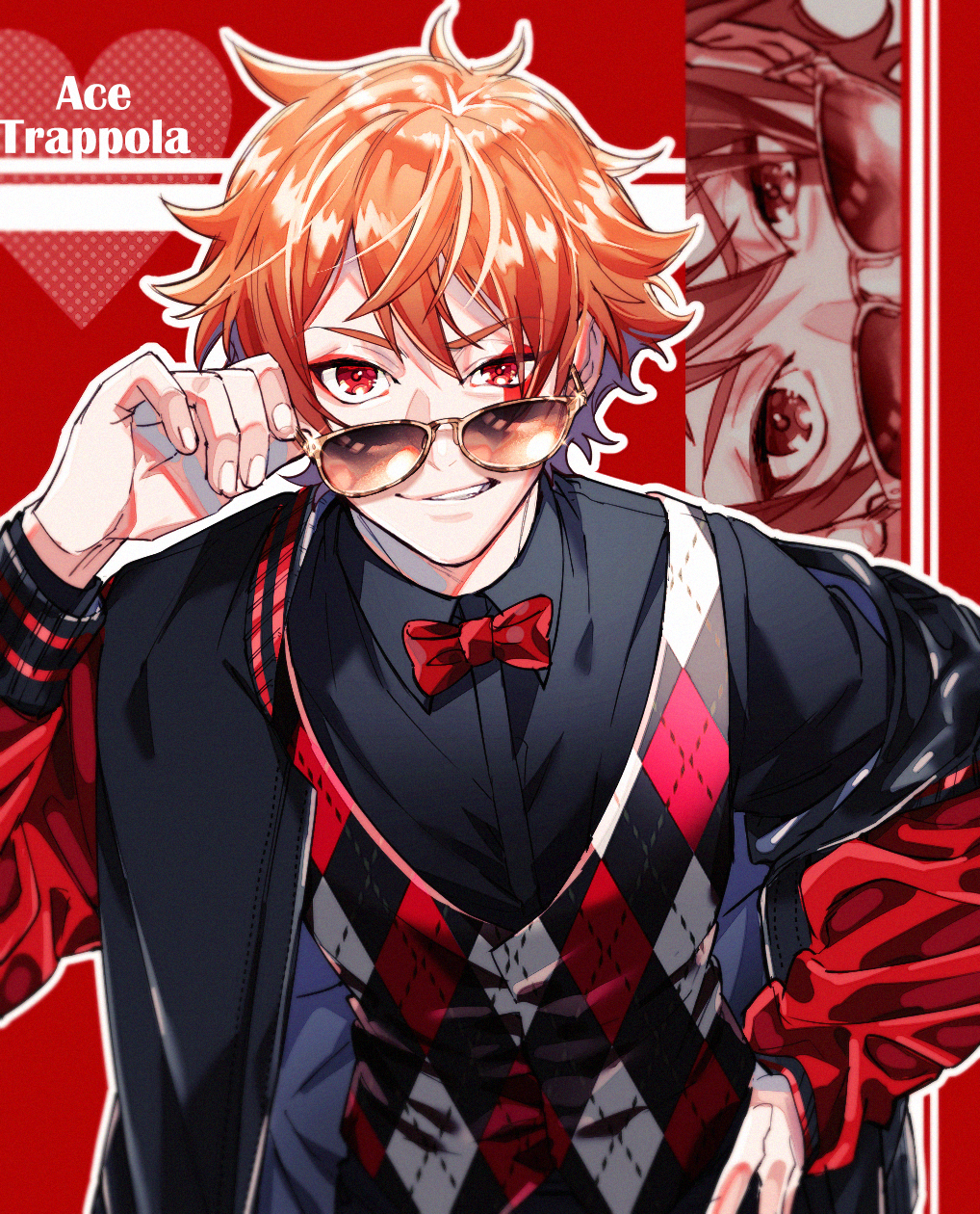 1boy, ace_trappola, birthday_jacket_(twisted_wonderland), character_name, commentary_request, con_potata, hand_on_own_hip, highres, jacket, letterman_jacket, looking_at_viewer, male_focus, orange_hair, red_background, red_eyes, short_hair, solo, sunglasses, twisted_wonderland, uneven_eyes, upper_body
