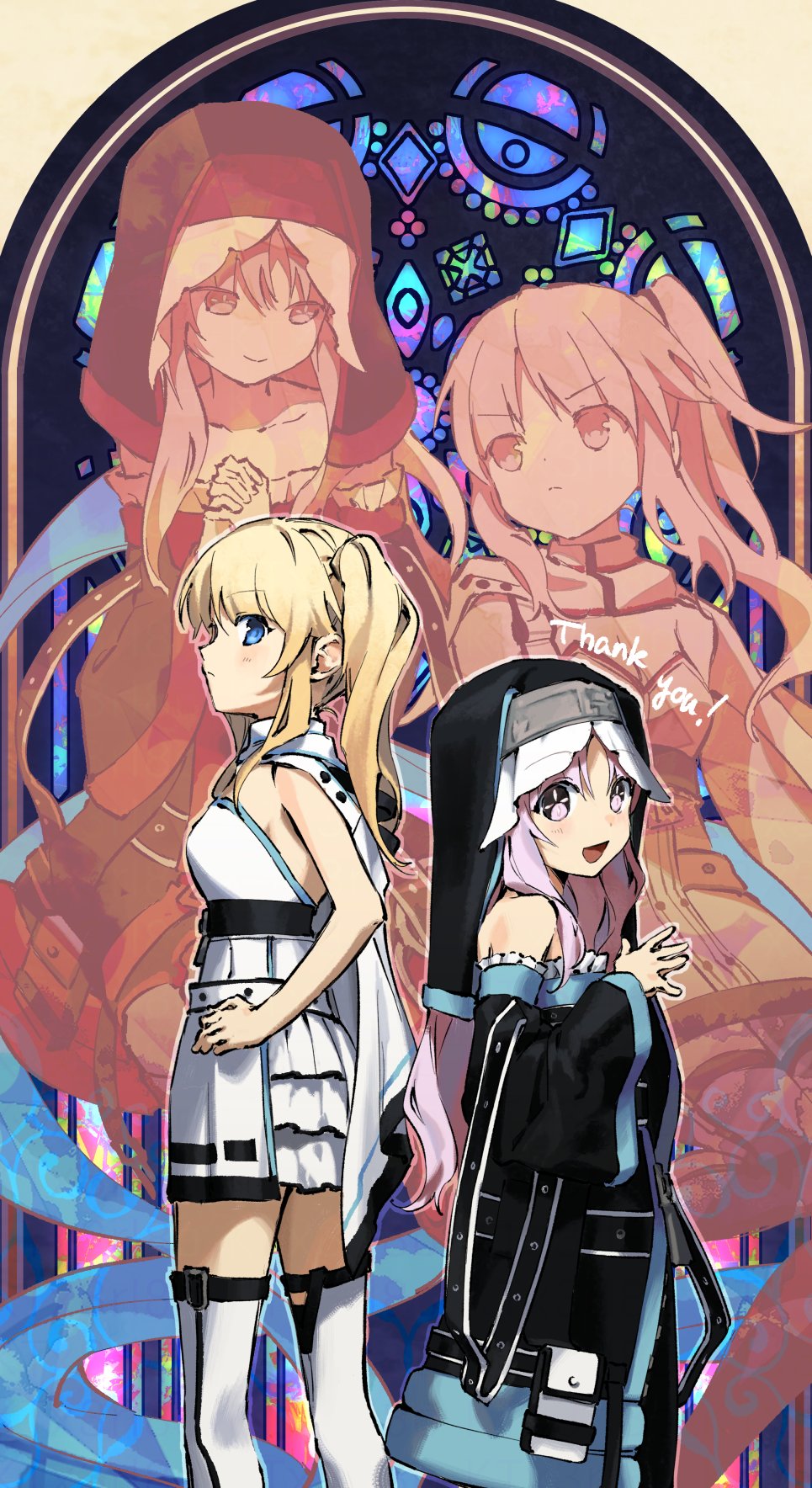 2girls, :d, bare_shoulders, blonde_hair, blue_eyes, coat, commentary_request, commission, detached_sleeves, dress, headdress, highres, kaigen_1025, kannyo_(orkastle), multiple_girls, nun, orkastle, pink_eyes, pink_hair, ponytail, praying, side_ponytail, skeb_commission, smile, stained_glass, thank_you, thigh-highs, white_dress, yuriel_(orkastle), zettai_ryouiki