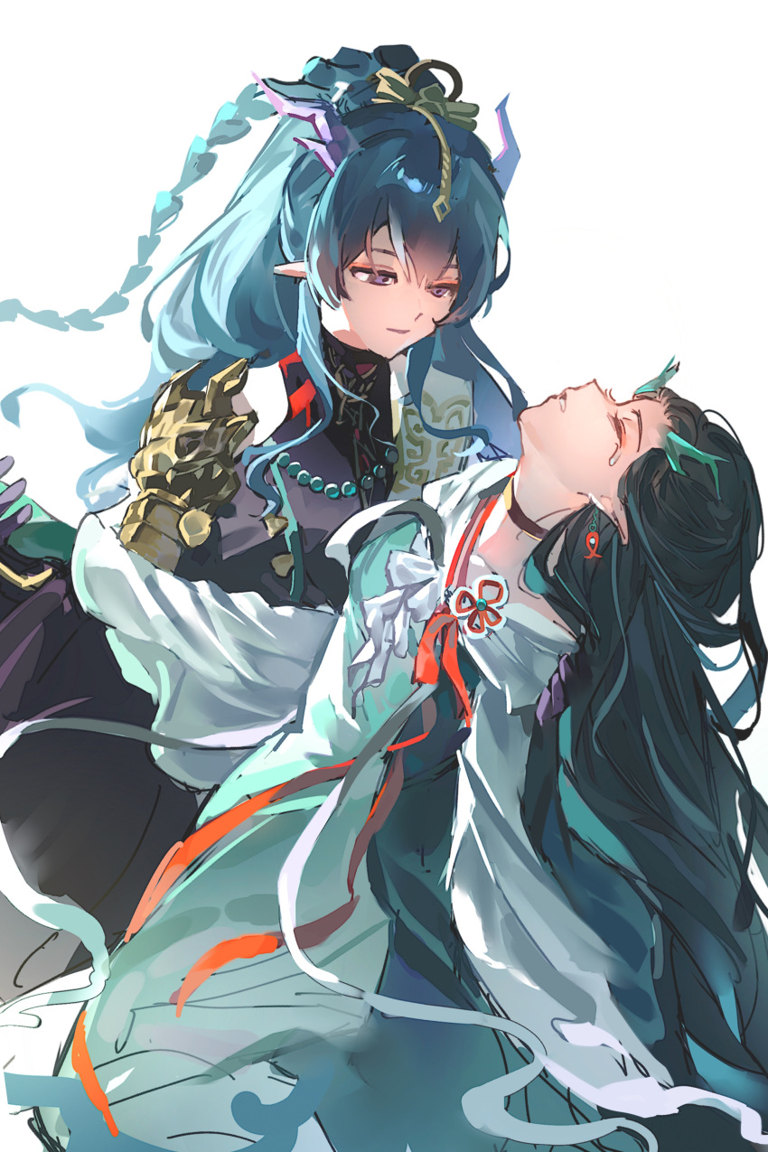 2girls, absurdres, arknights, black_choker, black_hair, blue_hair, braid, carrying