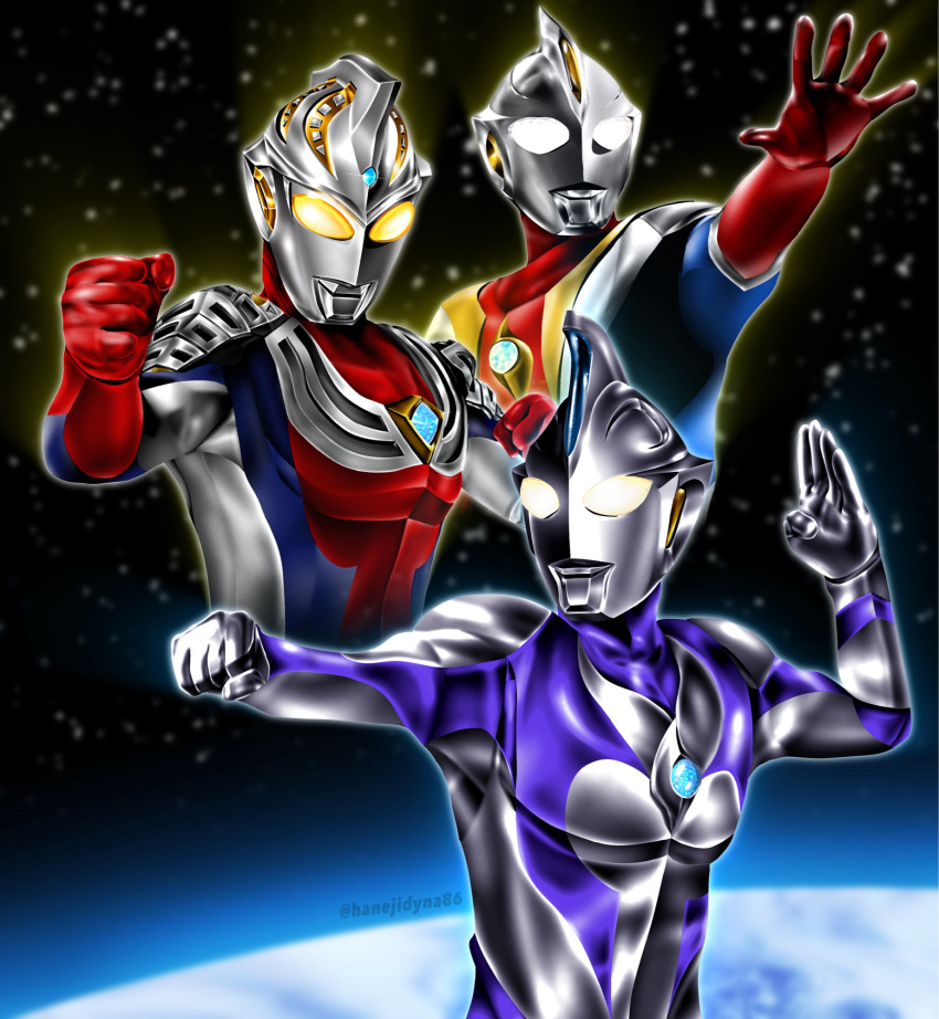 2boys, alien, arm_up, armor, atmospheric_layer, black_skin, blue_gem, blue_skin