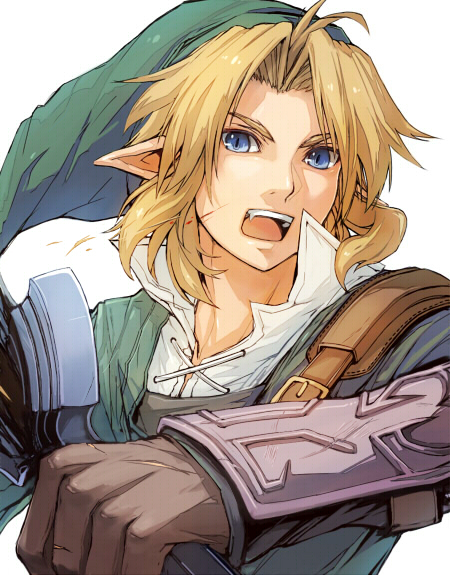 blonde_hair, blue_eyes, close_up, gloves, hat, inukichi, link, male, open_mouth, pointy_ears, simple_background, solo, the_legend_of_zelda
