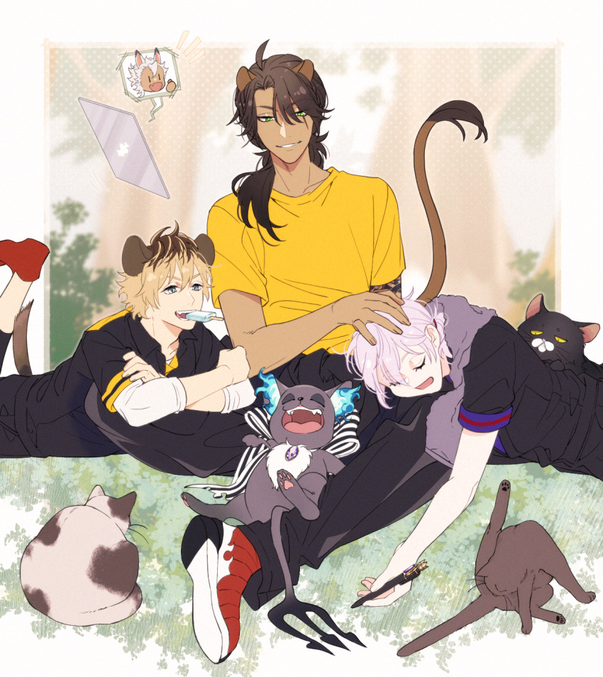 3boys, animal, animal_ears, blonde_hair, brown_hair, cat, commentary_request, con_potata