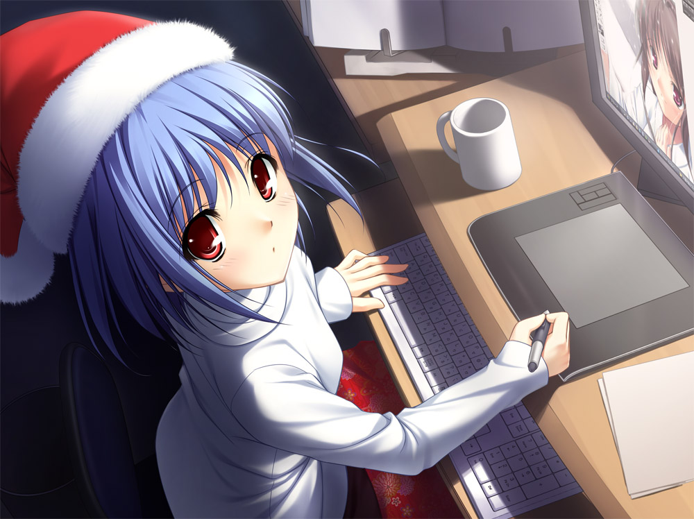 blush, computer_keyboard, cup, hat, looking_at_viewer, masirogohan, mogami_noa, monitor