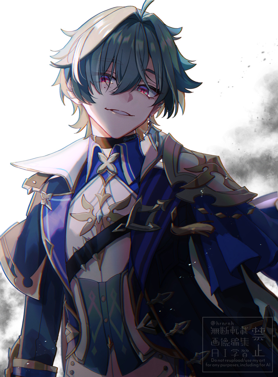 1boy, ahoge, armor, belt, belt_collar, black_belt, blue_hair, blue_shirt