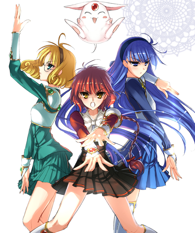 3girls, arm_up, armor, armored_dress, bad_id, bangs, black_skirt, blonde_hair