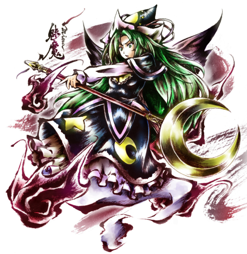 ascot, capelet, green_eyes, green_hair, hat, highres, link163353, long_hair, mima, moon, solo, staff, star, touhou, touhou_(pc-98), traditional_media, wings