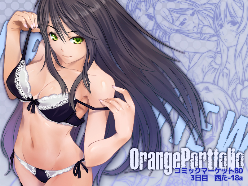 black_hair, breasts, collarbone, green_eyes, long_hair, mishima_yoshikatsu, navel, original, panties, side-tie_panties, smile, underwear, underwear_only, undressing