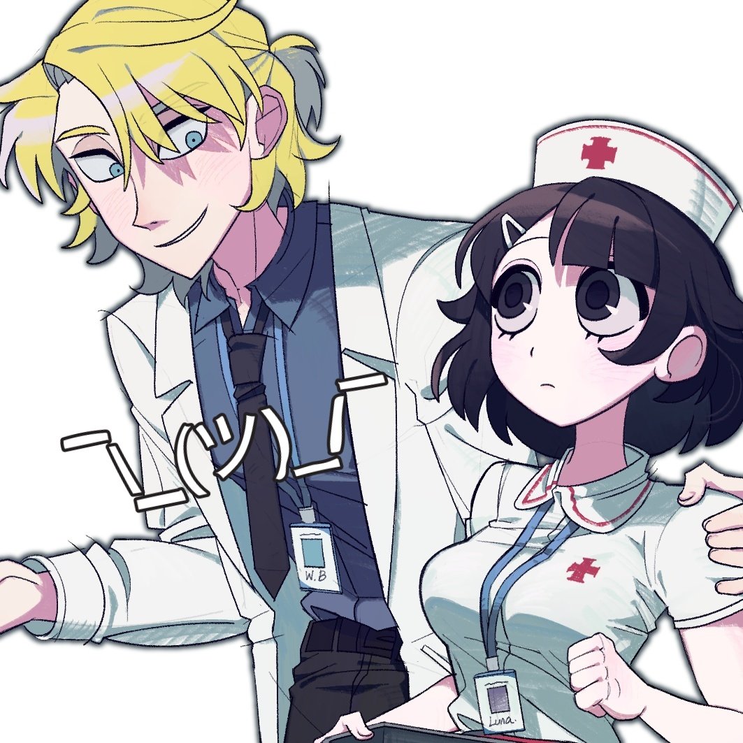 1boy, 1girl, belt, black_belt, black_eyes, black_hair, black_necktie, blonde_hair