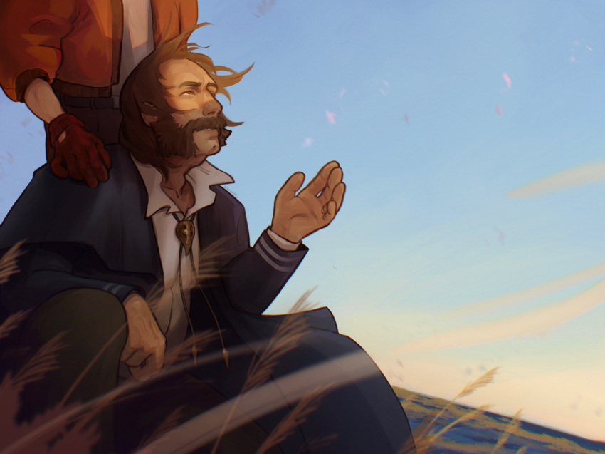 2boys, blazer, blue_sky, bomber_jacket, brown_hair, collared_shirt, commentary, day
