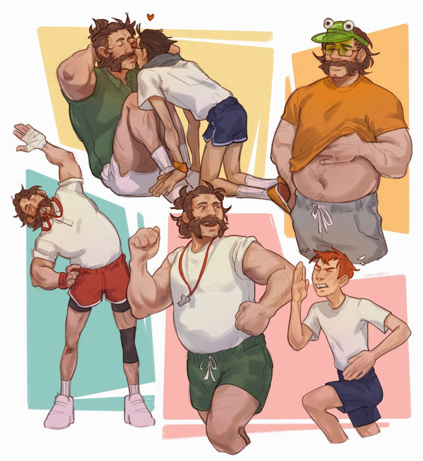 3boys, alternate_costume, bandaged_hand, bandages, belly, commentary, cuno, disco_elysium