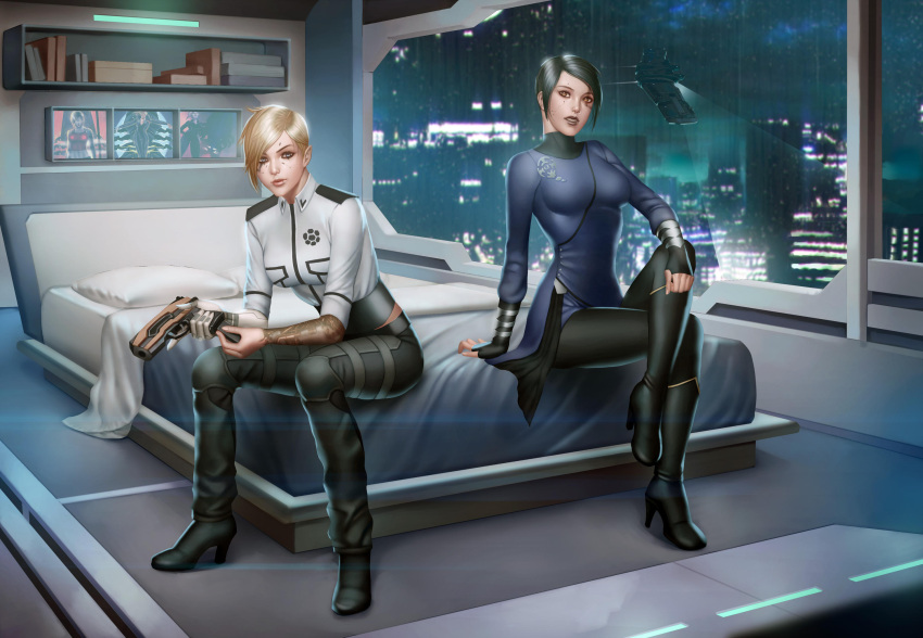 2girls, advanced_ship_(eve_online), aircraft, arm_support, arm_tattoo, asymmetrical_hair, attack_ship_(eve_online), audia_pahlevi, bedroom, black_boots, black_hair, black_pants, blanket, blonde_hair, blue_eyes, book, bookshelf, boots, breasts, brown_eyes, building, city_lights, closed_mouth, clouds, cloudy_sky, collared_shirt, commentary, commission, crossed_legs, damillia_seraph_(theburning1), destroyer_(eve_online), english_commentary, eve_online, facial_tattoo, fingerless_gloves, full_body, gallente_federation_(eve_online), gloves, glowing, grey_pants, gun, handgun, hecate_(eve_online), high_heel_boots, high_heels, highres, holding, holding_gun, holding_magazine_(weapon), holding_weapon, indoors, knee_boots, lips, lipstick, long_sleeves, looking_at_viewer, magazine_(weapon), makeup, mass_effect_(series), mechanical_arms, medium_breasts, military_vehicle, multiple_girls, night, nose, on_bed, pants, pillow, prosthesis, prosthetic_arm, rain, roden_shipyards_(eve_online), science_fiction, shirt, short_hair, single_mechanical_arm, sitting, sky, skyscraper, spacecraft, tactical_destroyer_(eve_online), tattoo, tech_3_ship_(eve_online), weapon, white_shirt, window