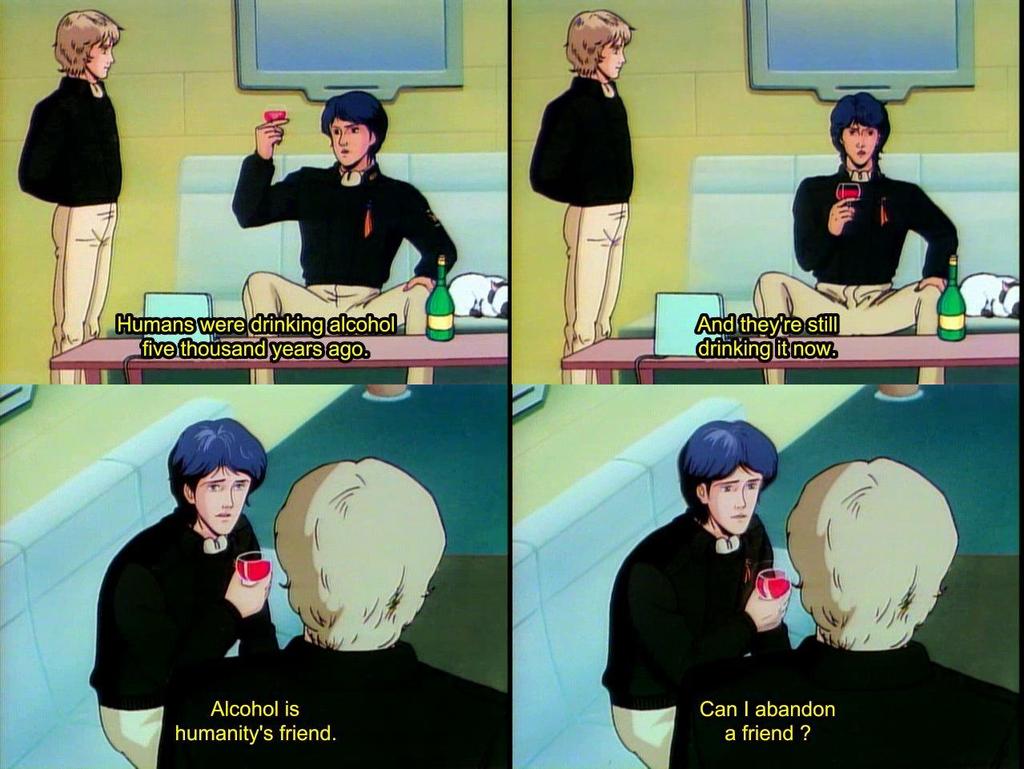 blonde_hair, blue_hair, bottle, cap, cat, computer, couch, drink, ginga_eiyuu_densetsu, glass, julian_mintz, laptop, legend_of_the_galactic_heroes, military, military_uniform, screencap, sitting, subtitled, truth, uniform, wine, yang_wen-li