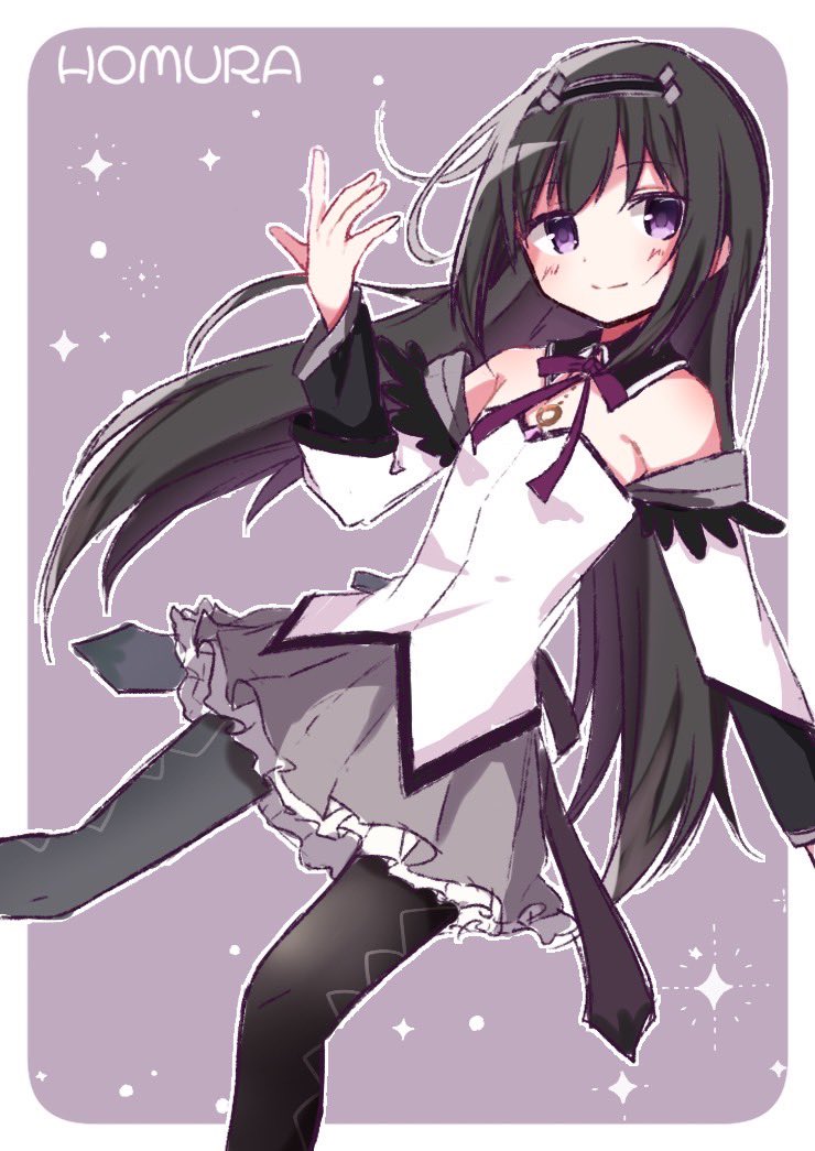 1girl, akemi_homura, akemi_homura_(magical_girl), bare_shoulders, black_hair, black_hairband, black_pantyhose, border, character_name, commentary, detached_sleeves, frilled_skirt, frills, hairband, happy_candy_ooo, long_hair, looking_at_viewer, mahou_shoujo_madoka_magica, mahou_shoujo_madoka_magica_(anime), outline, outside_border, pantyhose, purple_background, purple_skirt, skirt, solo, untranslatable_commentary, violet_eyes, white_border, white_outline