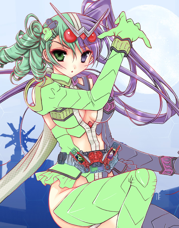 female, genderswap, kamen_rider, kamen_rider_double, kamen_rider_w, multicolored_hair, personification, rider-tan