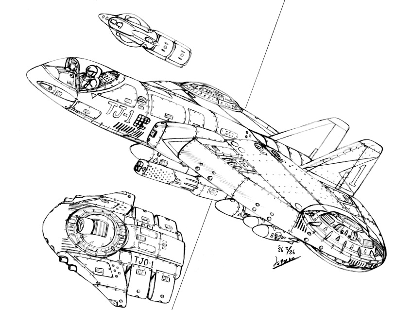 1other, absurdres, canopy_(aircraft), cockpit, commentary_request, drone, energy_cannon, gameplay_mechanics, helmet, highres, jotaro_jotan95, lineart, missile, monochrome, pilot, science_fiction, signature, sketch, space_helmet, spacecraft, spacecraft_interior, spacesuit, starfighter, truxton, unfinished