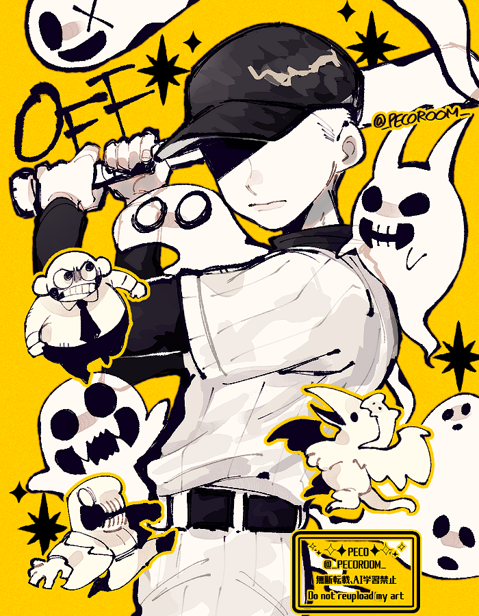 1boy, baseball_bat, baseball_cap, baseball_uniform, belt, belt_buckle, black_belt, black_hat