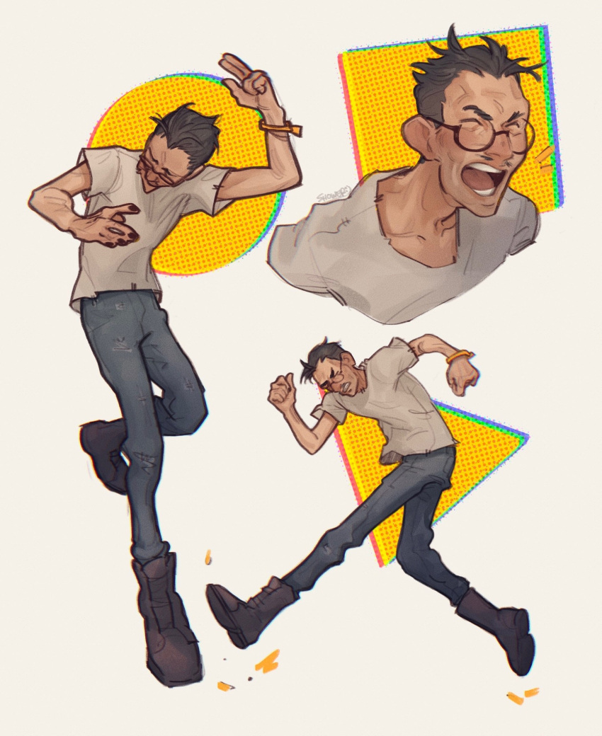 1boy, boots, bracelet, closed_eyes, disco_elysium, full_body, hand_up, highres