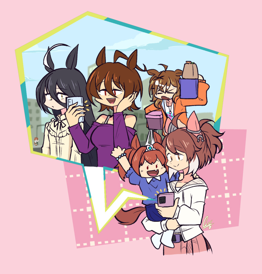 6+girls, aged_down, agnes_tachyon_(casual)_(umamusume), agnes_tachyon_(umamusume), ahoge, animal_ears, aston_machan_(umamusume), black_hair