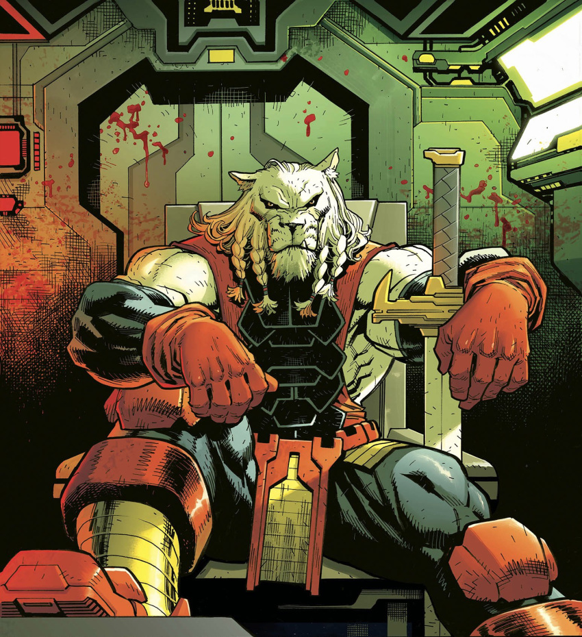 1boy, annalisa_leoni, artist_collaboration, battle_beast_(invincible), blood, blood_splatter, bow, braid, chair, commentary, crosshatching, english_commentary, furry, furry_male, gloves, hatching_(texture), highres, invincible_(series), male_focus, muscular, muscular_male, official_art, red_bow, red_gloves, ryan_ottley, sitting, solo, sword, weapon, yellow_eyes