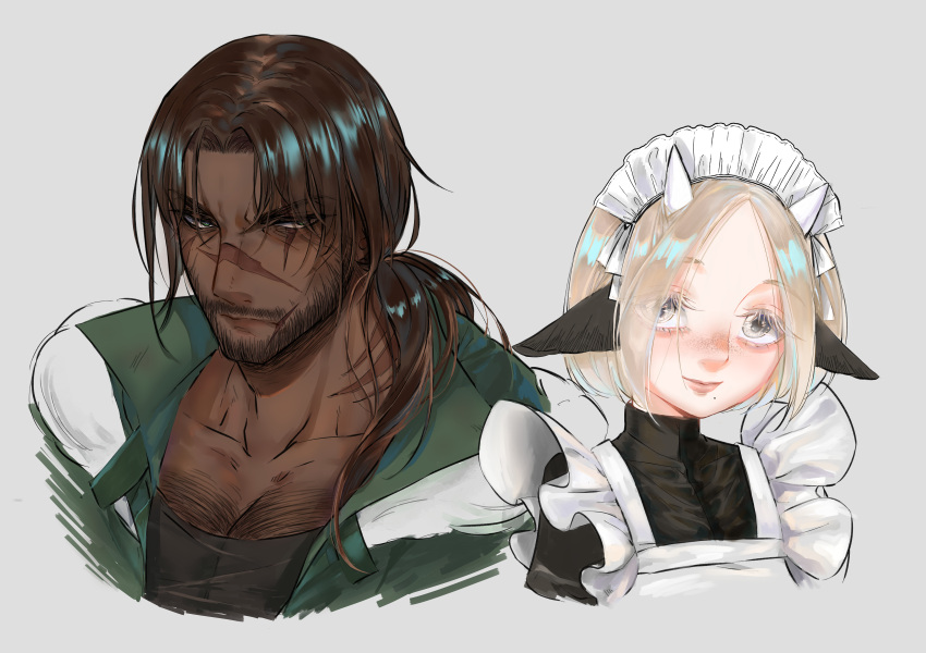 2boys, absurdres, animal_ears, apron, beard, blonde_hair, brown_hair, chest_hair, coat, commentary, cow_boy, cow_ears, cow_horns, degrees_of_lewdity, eden_(degrees_of_lewdity), eden_(male)_(degrees_of_lewdity), edenscow, facial_hair, green_coat, green_eyes, grey_background, grey_eyes, highres, horns, maid_apron, maid_headdress, mole, mole_under_mouth, multiple_boys, mustache, player_character_(degrees_of_lewdity), player_character_(male)_(degrees_of_lewdity), scar, scar_on_face, scar_on_nose, scar_on_shoulder, simple_background, smile, white_horns
