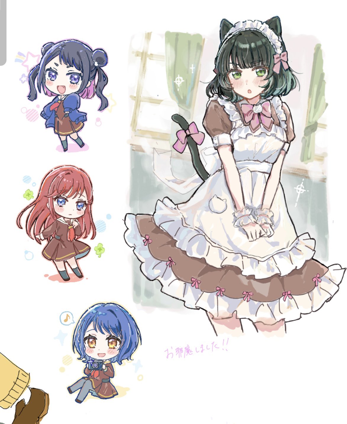 4girls, :d, animal_ears, apron, black_pantyhose, blue_cardigan, blue_eyes, blue_hair