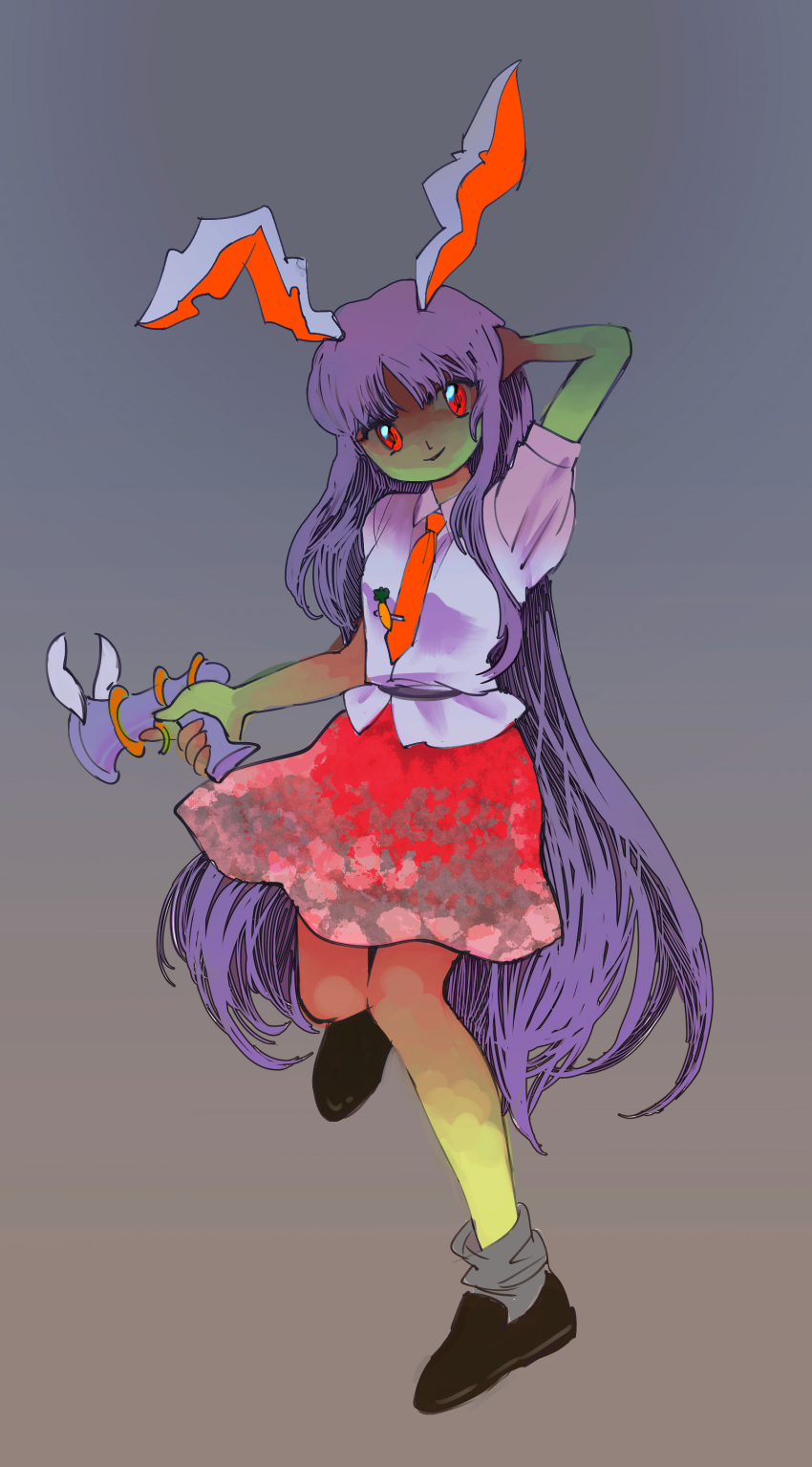 absurdres, animal_ears, arm_behind_head, black_shoes, carrot_pin, collared_shirt, derivative_work, dim_lighting