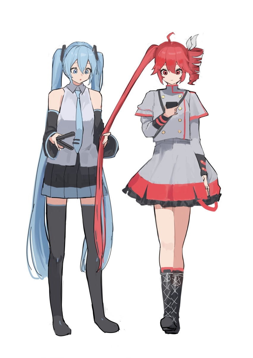 2girls, :o, ahoge, bare_legs, black_boots, black_sleeves, blue_eyes, blue_hair