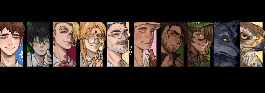 6+boys, alex_(degrees_of_lewdity), alex_(male)_(degrees_of_lewdity), avery_(degrees_of_lewdity), avery_(male)_(degrees_of_lewdity), beard, bird, black_wolf_(degrees_of_lewdity)